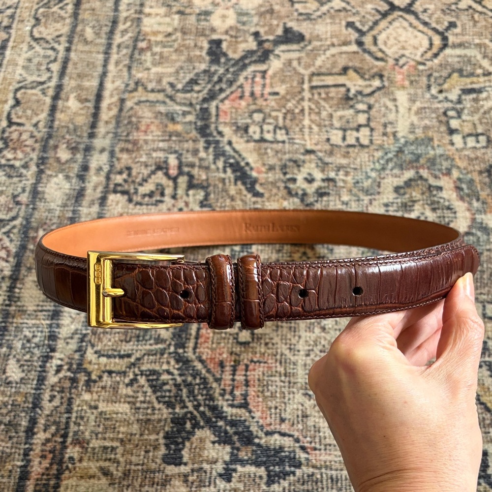 Vintage Ralph Lauren Brown Crocodile Embossed Leather Belt with Gold Buckle